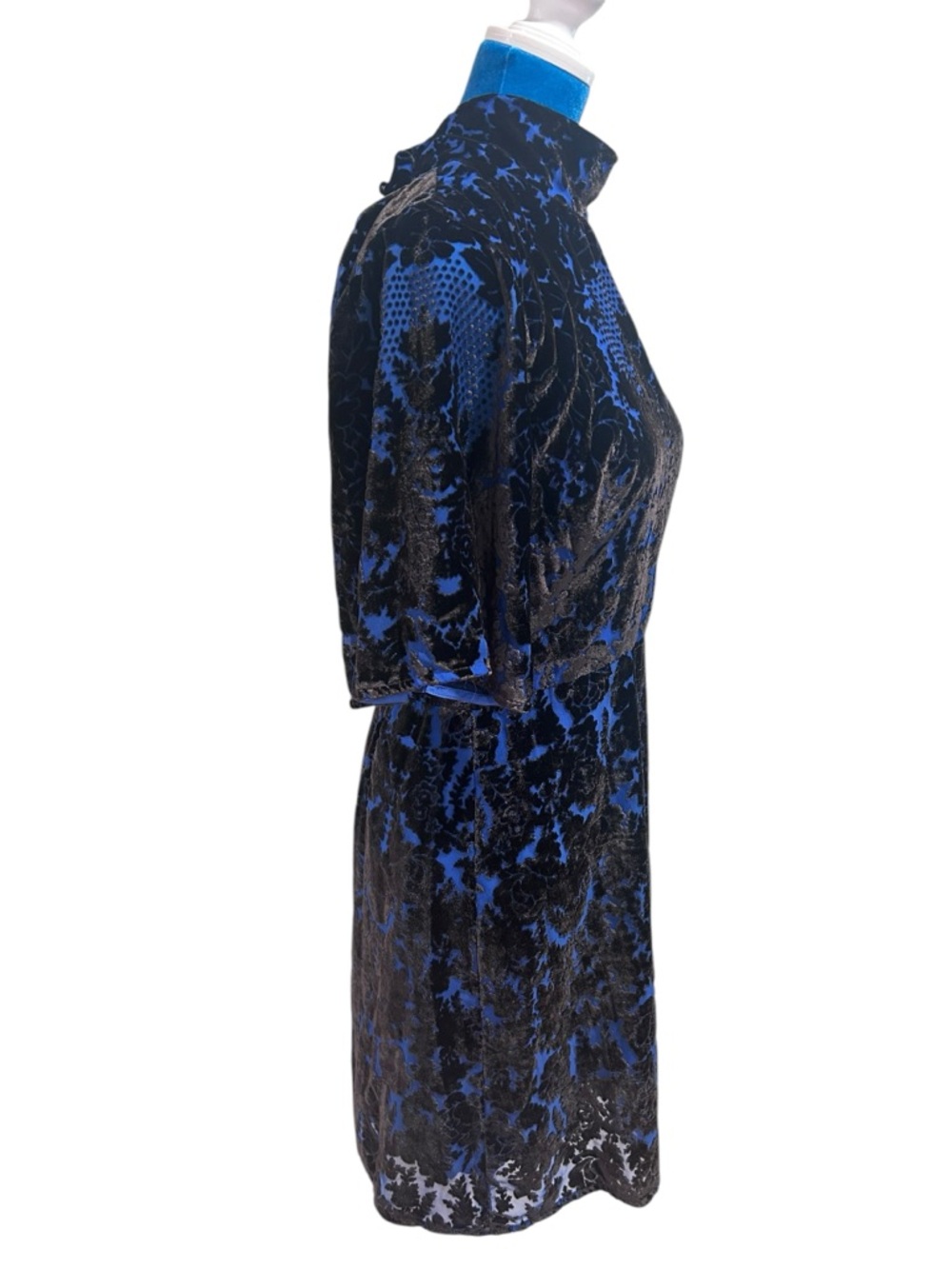 Anthropologie Velvet Burnout Dress Cobalt Blue Open Back mock Neck mini dress - Picture 3 of 6